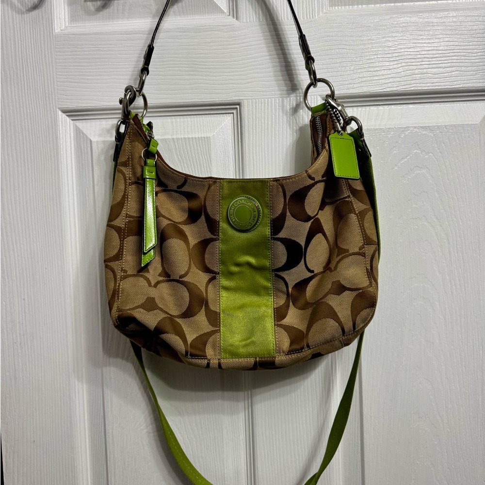 Coach Brown and Green Signature Shoulder Bag